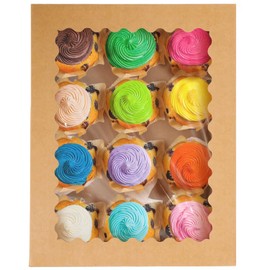 qiqee 12 Cupcake Boxes with Window 16-Packs Kraft Cupcake Box 13"x10"x3.5" Cupcakes Carrier, 12 Cupcake Containers