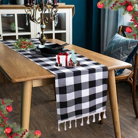 DUOBAO Buffalo Plaid Table Runner with Tassels 14x72-Inch Checked Linen Cotton Picnic Tables Overlay Rectangle Tablecloths Farmhouse Decor Gingham Runners Black and White