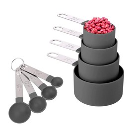 COQUO - Juego Tazas y Cucharas Medidoras de Cocina - Plástico de la más Alta Calidad con Acero Inoxidable - Measuring Cups and Spoons Set (Grises)