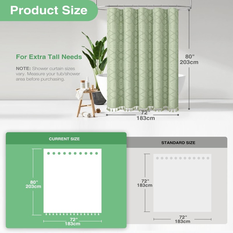 Dynamene 80 Inches Long Shower Curtain, Boho Tufted Geometric Striped