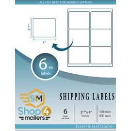 Shop4Mailers 6-Up White Permanent Self Adhesive Shipping Labels 3 1/3” x 4” Easy Peel Stickers for Laser & Inkjet Printers - 1,000 Sheets - 6,000 Count Labels