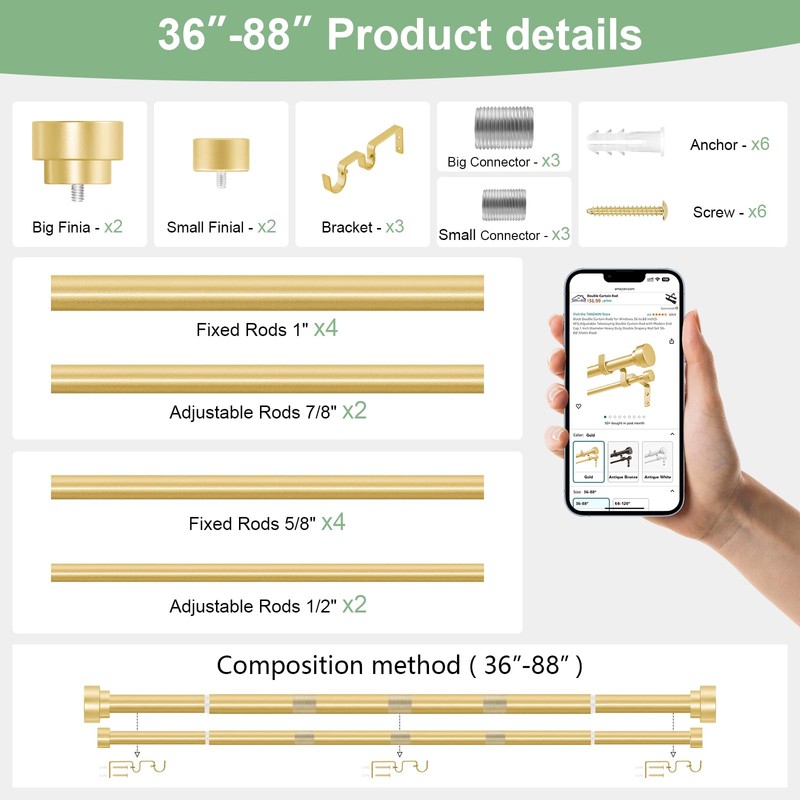 TANGWIN Double Curtain Rod,Gold Double Curtain Rod,Double Curtain Rods for