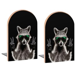 Buyidec Book Ends Funny Raccoon Green Sunglasses Wood Bookends for Shelves to Hold Books Heavy Duty Non-Skid Book Stoppers Wood Decorative Home Office School