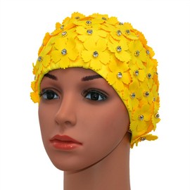 Medifier Manual Rhinestone Floral Petal Retro Style Swimming Cap Swimming Caps for Women Yellow