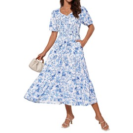GRACE KARIN Summer Flowy Midi Dresses for Women Beach Wedding Guest Dresses White Blue XXL