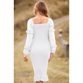 PRETTYGARDEN Women's Long Puff Sleeve Floral Midi Bodycon Dresses Square Neck Ruffle Mermaid Smocked Dress (Solid White,Small)