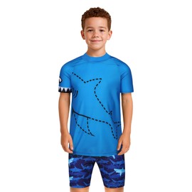 A2Z - Traje de baño de dos piezas para niños, traje de baño de dos piezas y pantalones cortos, protector de erupción en la playa, baño de secado rápido, traje de baño de 2 a 14 años, Tiburón, 4-5T