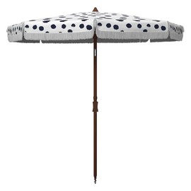 SAFAVIEH 6.5ft Outdoor Patio Umbrella, Round, Sydney Collection, White & Navy, Polka Dot Print, Fringe Trim, Button Tilt, UV Resistant for Deck, Backyard, Poolside