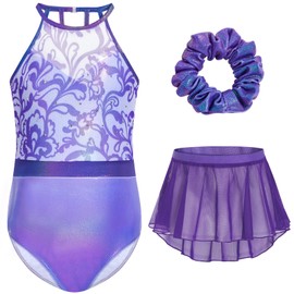 Gogokids Girls 3 PCS Halter Gymnastics Set, Kids Gymnastics Leotard with Rhinestone & Mesh Floral Design, Sparkling Ballet Unitard Includes Leotard, Chiffon Skirt & Hair Tie Gymnastics Gifts for 11-12