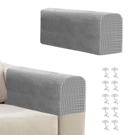 Sofa Arm Covers Grey, Anti-Slip Armchair Covers Slipcover, Stretchy Armrest Covers for Sofa Couches, with 10Pcs Twist Nail (Light Grey)