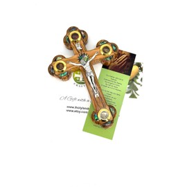 Holy Land Crafts Crucifix Wall Cross, 9 inch Olive Wood Cross with Relics and Mother of Pearl, Catholic Crucifix for Wall, Cross for Living Room Decor Entryway, Cross Gift (9 Inch Crucifix)