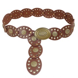 Vexilon PU Leather Disc Belt Cowgirl Belt, Boho Ethnic Women's Waist Belt Vintage Adjustable with Studded Disc Rivets and Eyelets, Wide Belt for Dresses, Skirts, Jeans Festival Outfit