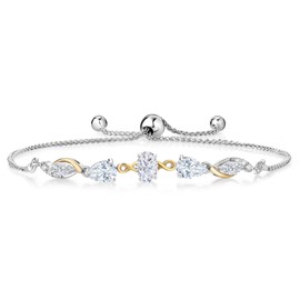 Gem Stone King 925 Sterling Silver and 10K Yellow Gold White Moissanite and Lab Grown Diamond Tennis Bracelet for Women By Keren Hanan (1.54 Cttw, Adjustable Up To 9 Inch)