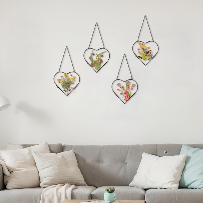 Cinnvoice 4 Pcs Heart Glass Pressed Flower Frame, Heart Hanging