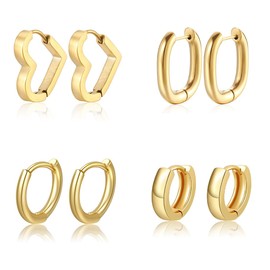 Gold Hoop Earrings Set, 4 Pairs of Gold-Plated Hoop Earrings, Gold Small for Women, Hypoallergenic Cartilage Huggie Hoop Earrings, Heart Piercing Earrings, Gold for Multiple Ear Holes