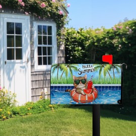Hello Summer Funny Cat Mailbox Covers Magnetic Tropical Plants Watermelon Mailbox Cover Standard Size 21 x 18 Inch Beach Coastal Mail Box Wraps for Farmhouse Garden Yard Decor