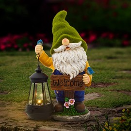 Olekki Garden Gnomes Outdoor - Flocked Gnome Statue Holding Lantern with Solar LED Lights | Gnomes Garden Decorations for Patio, Yard, Lawn Ornaments - Gnome Gifts
