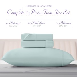 Carressa Linen 100% Egyptian Cotton Sheets - 600 Thread Count 3 PC Twin Size Sheet Set, Soft, Cooling, High Thread Count Sateen Weave, Extra Long Staple Luxury Bedding, 16 In Deep Pocket Seafoam Green