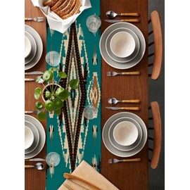 Southwest Aztecs Table Runner-Cotton Linen- 72 Inch Holiday Dresser Scarves, Native American Teal Green Brown Boho Tablerunner for Kitchen Coffee/Dining Bedroom Living Room Dinner Scarf Décor 13x72