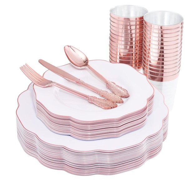 BUCLA 180PCS Rose Gold Plastic Plates with Disposable Silverware-Include 60 Plastic Plates, 30 Knives, 30 Forks,30 Spoons and 30 Cups-Suitable for Wedding, Party, Mother's Day