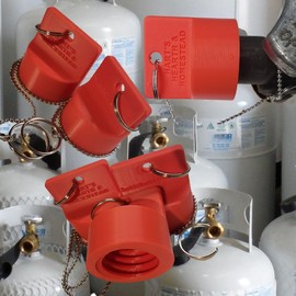 Hart's Hearth & Homestead Propane OPD Red, Blue, or Black Threaded Dust Cap with SS Chain Tether, 2 Year Warranty, fits 20lb-40lb LP Tanks, for BBQ Grills, RV Campers, etc, Made in USA (3, Red)