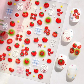 5D Embossed Tomato Nail Stickers for Women Cute Bow Star Fruit Nail Decals Red Jelly Tomatoes Fruits Sticker Nails Design Kawaii Aesthetic Fruit Nails Stickers Decor Manicure Supplies Accessories