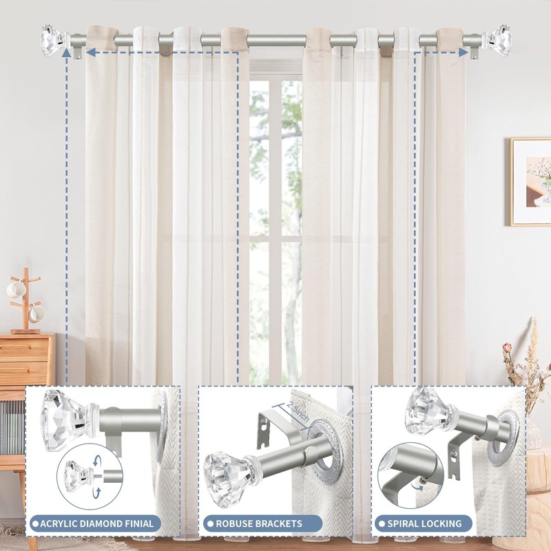 TVWOO Acrylic Crystal Silver Curtain Rod 18-45",Clear Bling Diamond Finials