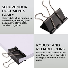 H&S 10 Binder Clips 51mm Large Paper Clamps Foldback Clip Black - Binder Clip - Paper Clips - Stationary Clips - Paper Binder Clip - Clip Clamp - Calendar Clips - Paper Grips - Bulldog Clips Large