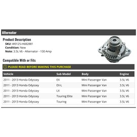 Alternator - 130 Amp - Compatible with 2011-2013 Honda Odyssey Mini Passenger Van 3.5L V6
