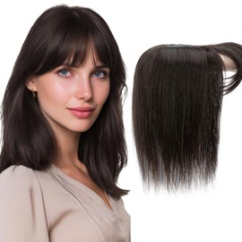 Charites Hair Toppers for Women Real Human Hair 14 Inch Long Straight Toppers for Women with Thinning 7 * 13CM Silk Base Clip in Hairpieces with Bangs (Natural Black)