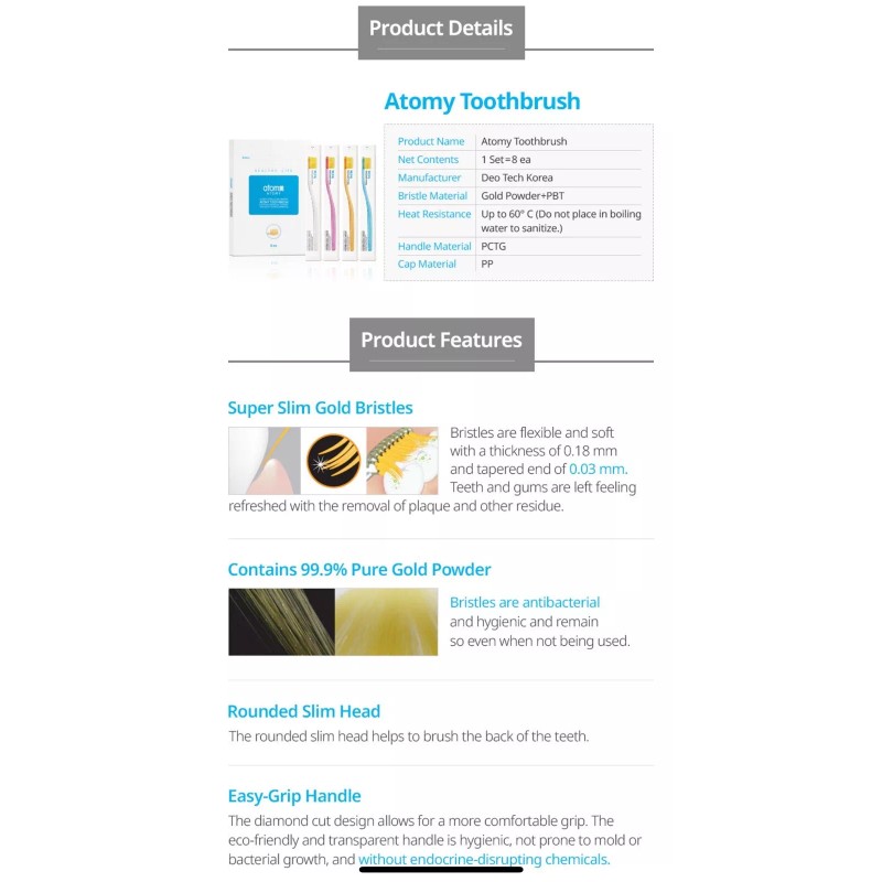 ATOMY Toothbrush 99.9% Gold Coated Nano Vitality Brush Oral Care