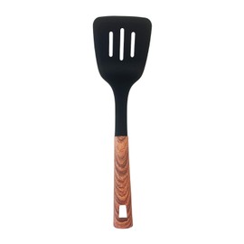 JS Gourmet Soft Touch Nylon Slotted Turner with Wood Grain Handle and Hanging Hole, Heat Resistance, Non Stick Flexible Flipper Spatula, for Flipping Pancakes, Fish, Eggs and More
