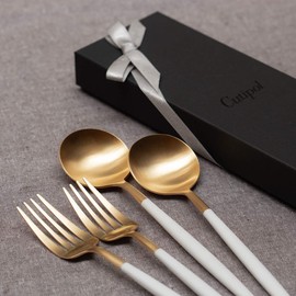 Cutipol GOA White/Matte Gold Dinner (2 Forks & Spoons) 4 Piece Gift Set with Gift Box, Genuine Ribbon Hanging, Handbag, Wedding Gift, Gift
