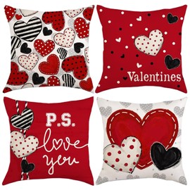 Valentine's Day Throw Pillow Covers 18x18 Inch Set of 4, Valentines Polka Dots Red Hearts Love Decorative Pillowcases for Home Couch Bed Soft