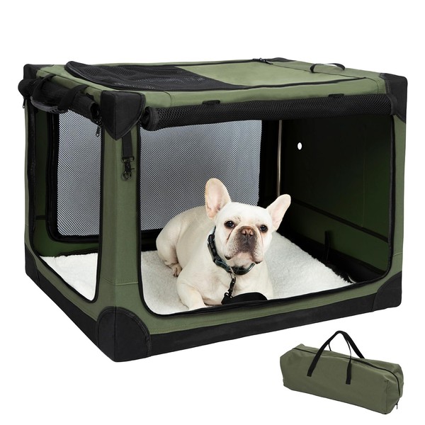 Pettycare 30 Inch Stainless Steel Collapsible Dog Crate - Soft Dog Crates for Medium Dogs, 4-Door Soft Sided Dog Kennel, Portable Foldable Travel Crate with Durable Mesh, Indoor & Outdoor, Olive Green