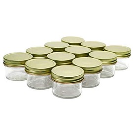 North Mountain Supply 4 Ounce Glass Regular Mouth Mason Canning Jars - with Safety Button Lids - Case of 12 (Gold Metal Lids)