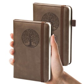 BIYUNRO Small Pocket Notebook, Leather Journal Mini (Wood) - 2 Pack 3.7" x 5.7" Notepad Notebooks for Work, School & Travel