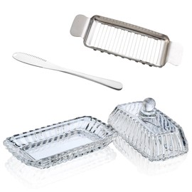 ‌Glass Butter Dish with Lid - All-in-One Solution for Kitchen Countertop & Refrigerator‌ 6.7" × 3.7" (17 × 9.4 cm) Essential for Home Cooks & Foodies, Bonus Butter Cutter & Knife Set Included