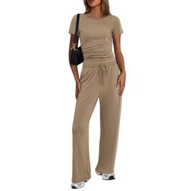 Ekouaer Women's 2 Piece Sets Outfits Short Sleeve Wide Leg Tracksuits Casual Lounge Set Matching Sets with Pockets