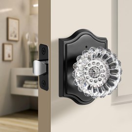 Moquin Black Crystal Door Knobs Interior, Privacy Glass Door Knob with Lock Plum Style for Bathroom, Bedroom, Closet