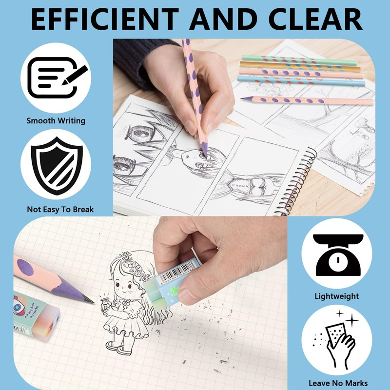 DYMHQ 32Pcs Pencils Rubbers Sharpeners Set, 15 Pre-Sharpened Triangular Pencils,