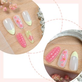 30Pcs 3D Flower Press on Nails Medium Almond Fake Nails Summer Nails Press ons with Floral Pink Starfish Design False Nails Water Ripples Pink Yellow French Acrylic Nails Glue on Nails for Women