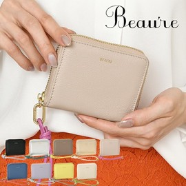 Beaure B-24096 Women's Genuine Leather Short Wallet, Round Zipper, Mini Wallet, Bifold with Hand Strap, G. Beige