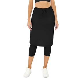 Womens Tennis Skirt with Built in Capri Leggings 20" Knee Length Skorts Skirts Drawstring Golf Skirts Skirted Leggings Black