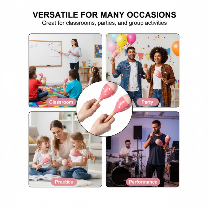 4 Pcs Maracas, 9 Inch Wooden Maraca Instrument (Pink-Smile)