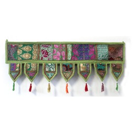 ICC valances for windows Toran Cotton Vintage Patchwork Door Hanging Valance Window Hand Embroidered Bohemian Decor Living Room Wall bedroom living room Home Handmade Decorations Green 42 Inches