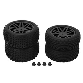 4 Pcs 1/10 RC Off Road Tires 2 Front 2 Rear Round Stud Type Skin V Hole Hub High Grip RC Car Wheels Black