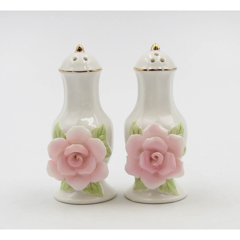 Fine Porcelain Pink Rose Salt & Pepper Shakers Set, 3-1/2"