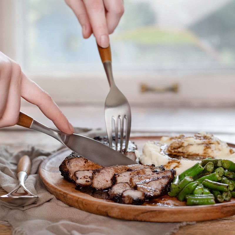 Avocrafts Flatware Silverware Cutlery Set, Stainless Steel, Teak Wood Dining