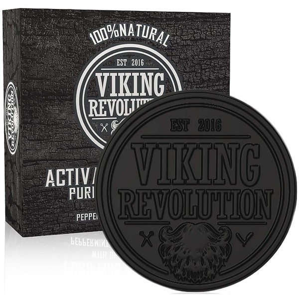Viking Revolution Activated Charcoal Soap for Men w/Dead Sea Mud – Men’s Body and Face Soap – Manly Black Facial Care Soap Bar to Cleanse Blackheads - Peppermint & Eucalyptus Scent (1 Pack)